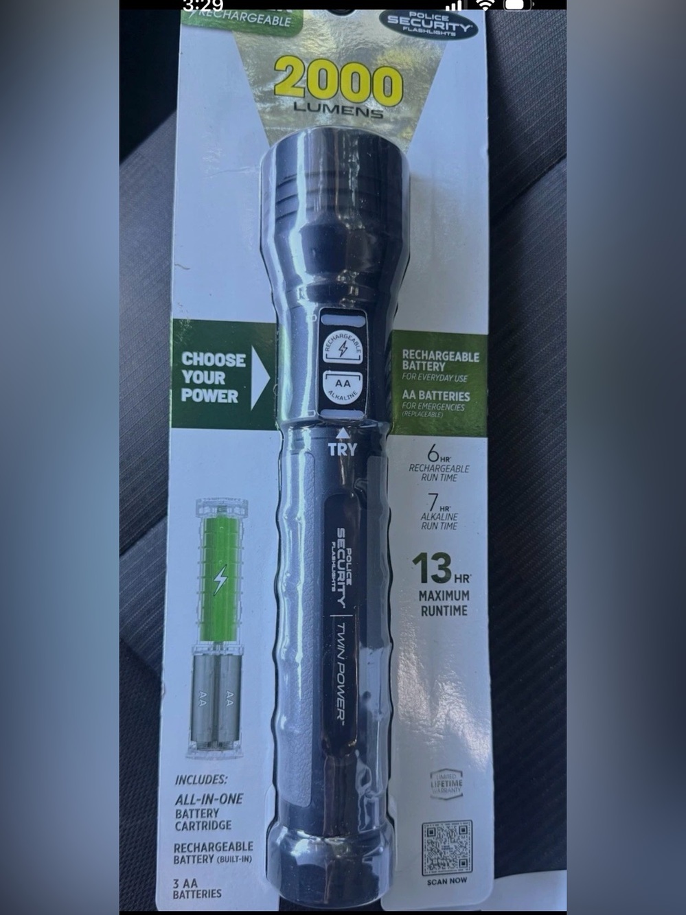 Police Security 2000-Lumen Rechargeable Flashlight - Black
